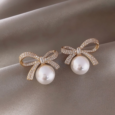 Picture of White Stone Tie Dangle Earrings for Women, Rhinestone and Simulated Pearl Drop Earrings, Trendy Korean Fashion Jewelry, Champagne Color Gold 25 MM