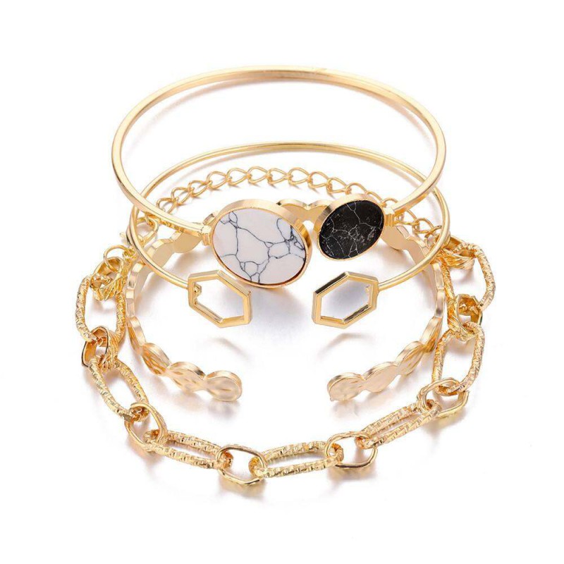 Picture of 4 PCS Retro Marble Geometric Chain Bracelet Set for Women Gold 
