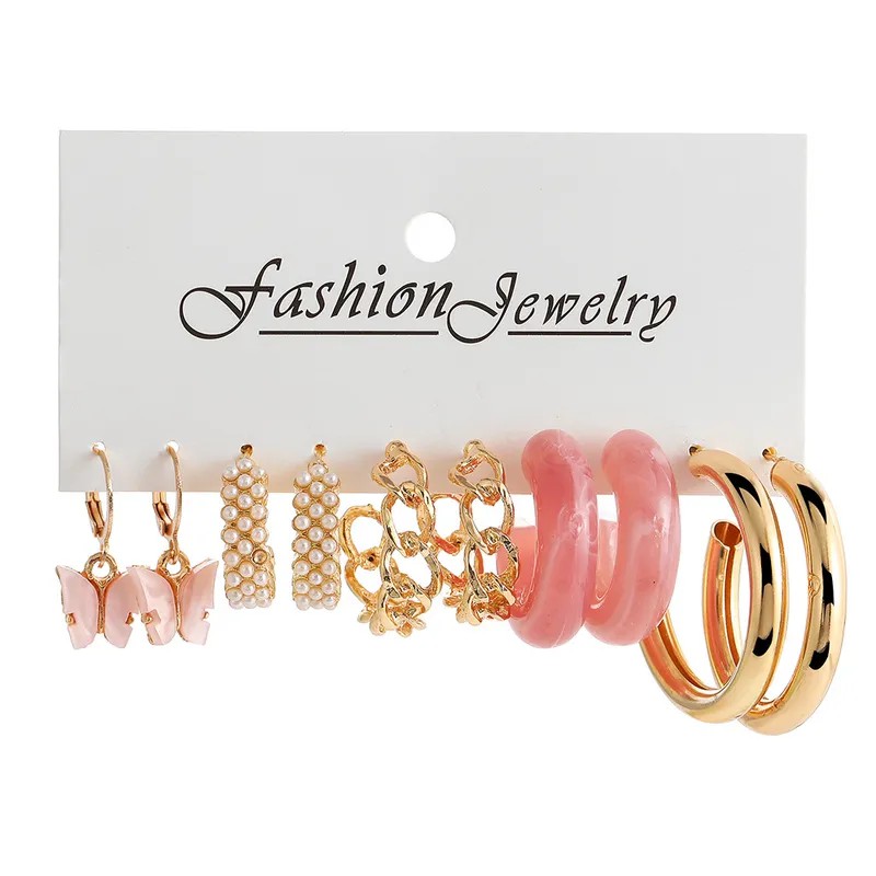 Picture of 5 piece set new creative women's jewelry oil drop butterfly resin pearl earrings Multicolor 25 MM