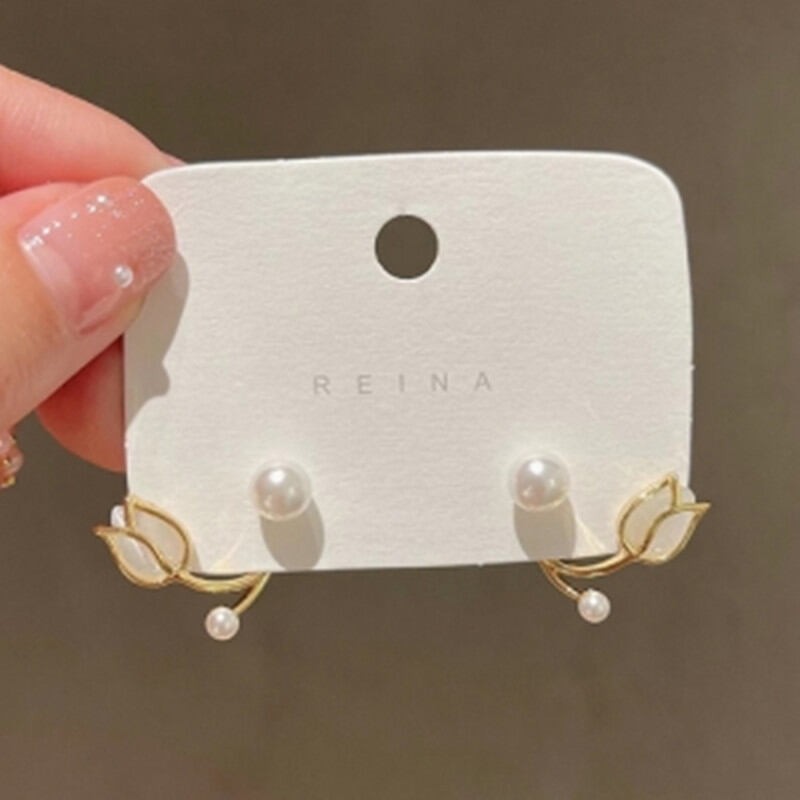 Picture of Understated -Dincior Korean Fashion Tulip Pearl Stud Earrings for Women Elegant Pink Flower Earring Accessories Jewelry- Progressively Better Gold 10 MM
