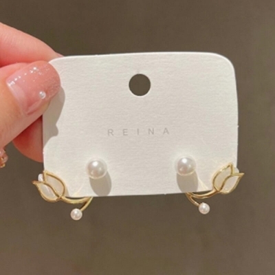 Picture of Understated -Dincior Korean Fashion Tulip Pearl Stud Earrings for Women Elegant Pink Flower Earring Accessories Jewelry- Progressively Better Gold 10 MM