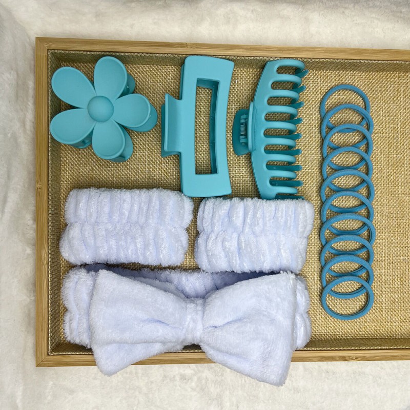Picture of 16pcs Set Spa Washing Fluffy Wristband Bow Headbands Flower Hair Claw Women's Hair Accessories Multicolor XXL