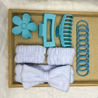 Picture of 16pcs Set Spa Washing Fluffy Wristband Bow Headbands Flower Hair Claw Women's Hair Accessories Multicolor XXL