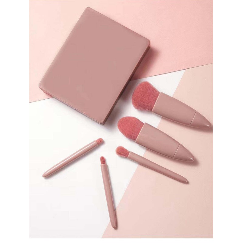 Picture of 5 Pcs Set Cosmetic Brush with Mirror Makeup Brush ,sye7 Eyeshadow Blending Brush Pink 