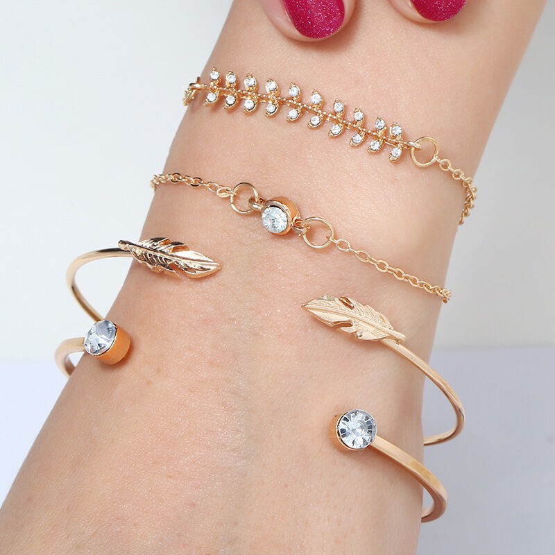 Picture of 4 PCS  new fashion leaf bracelet bracelet female alloy diamond 4-piece set combination Gold 