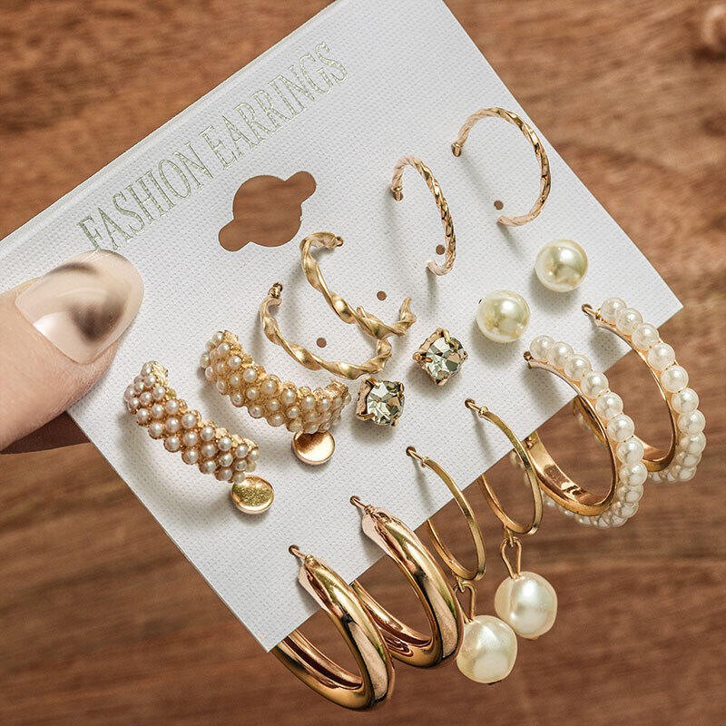Picture of Whimsical Indispensable -Quality And Durablity -9 Pairs Big Hoop Pearl Earring Set Earrings for Women Ear ring Ladies- Innovative Gold 36 MM