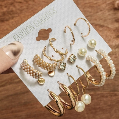 Picture of Whimsical Indispensable -Quality And Durablity -9 Pairs Big Hoop Pearl Earring Set Earrings for Women Ear ring Ladies- Innovative Gold 36 MM