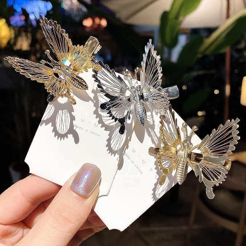 Picture of 1 pair Moving Butterfly Hairpin Super Fairy Three-dimensional Alloy Grab Clip Retro Duckbill Clip Hair Accessories  
