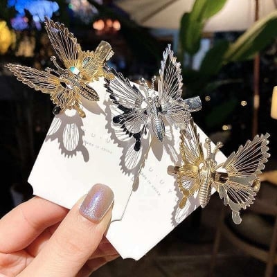 Picture of 1 pair Moving Butterfly Hairpin Super Fairy Three-dimensional Alloy Grab Clip Retro Duckbill Clip Hair Accessories  
