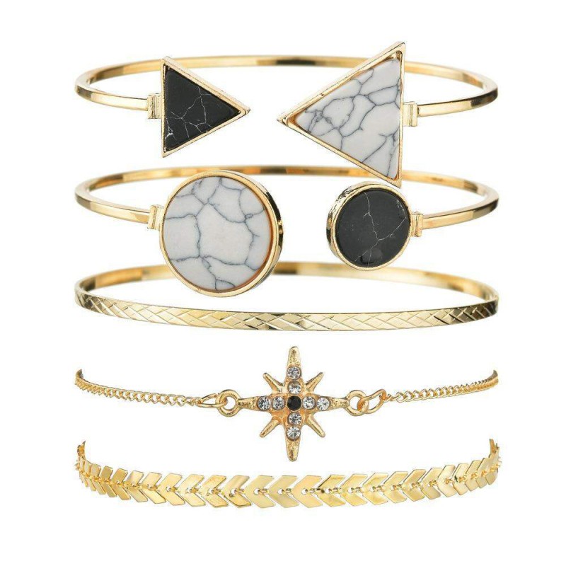 Picture of 5 piece set creative retro personality marble geometric bracelet Gold 