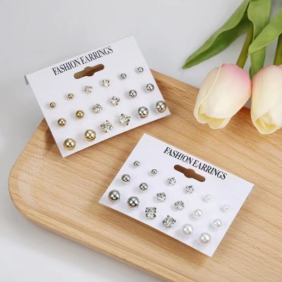 Picture of New Creative European & American Fashion Simple Round Pearl Metal Combination 9-Piece Diamond Earrings Set  15 MM