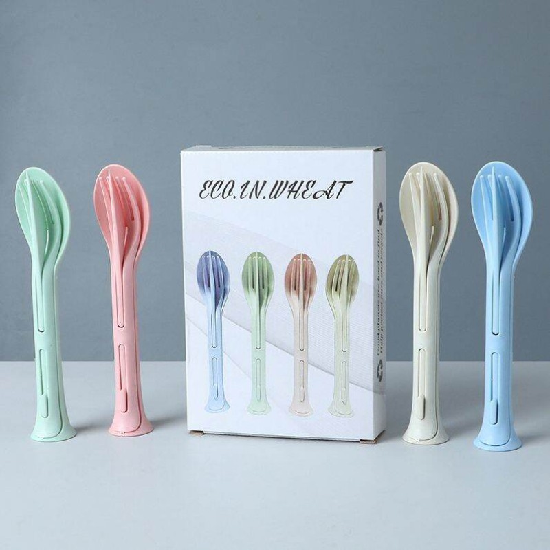 Picture of 1 Pcs 3 in 1 Environmentally Travel picnic Friendly Wheat Straw Tableware Sustainable Knife fork spoon three in one portable Multicolor 