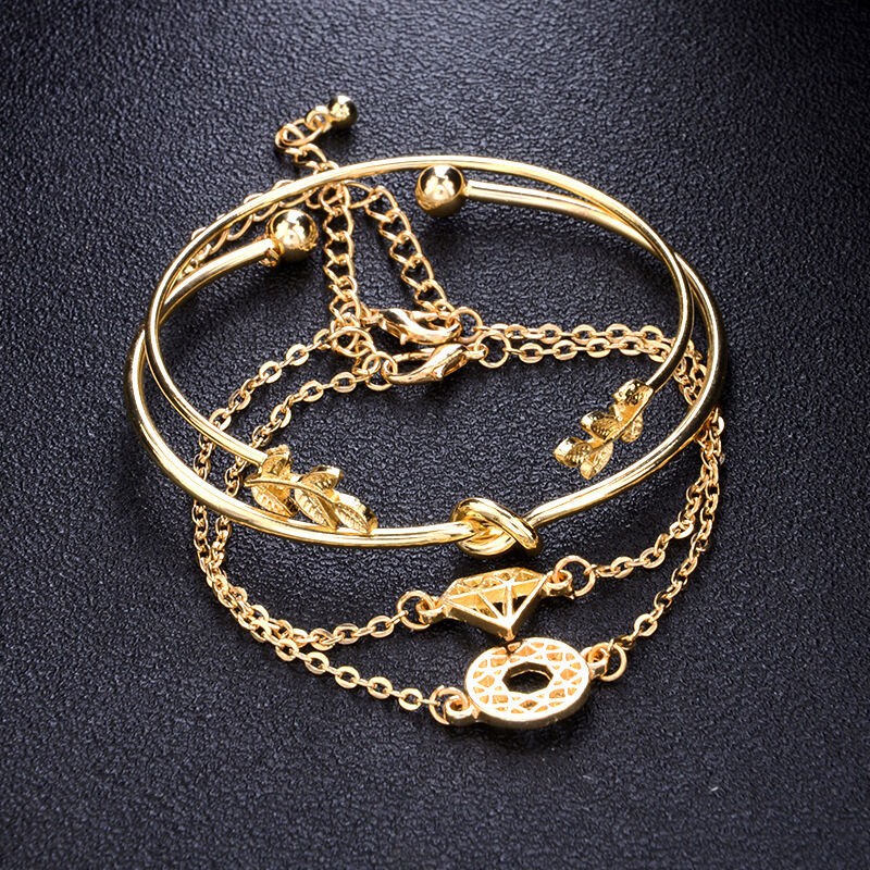 Picture of 4-Piece Fashion Leaf Knotted Bracelet Wish  Set for women Gold 