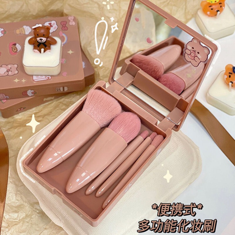 Picture of 5 Pcs Set Cosmetic Brush with Mirror Makeup Brush ,sye7 Eyeshadow Blending Brush Pink 