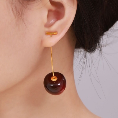 Picture of High Quality Creative Earrings for Women Girls Fruit Acrylic Red Cherry Fashion Earrings  45 MM