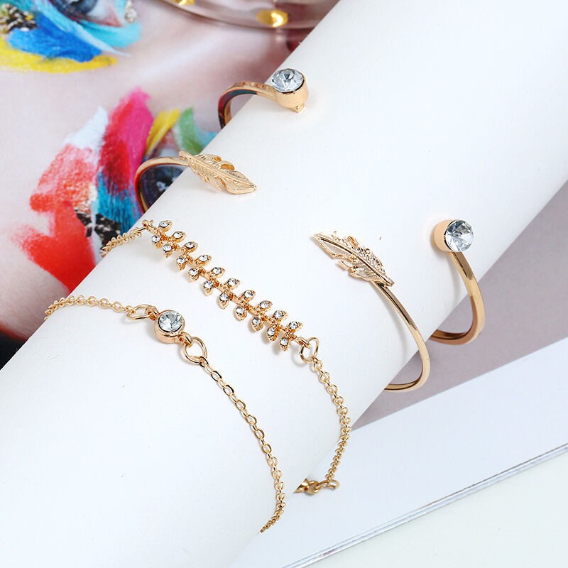 Picture of 4 PCS  new fashion leaf bracelet bracelet female alloy diamond 4-piece set combination Gold 