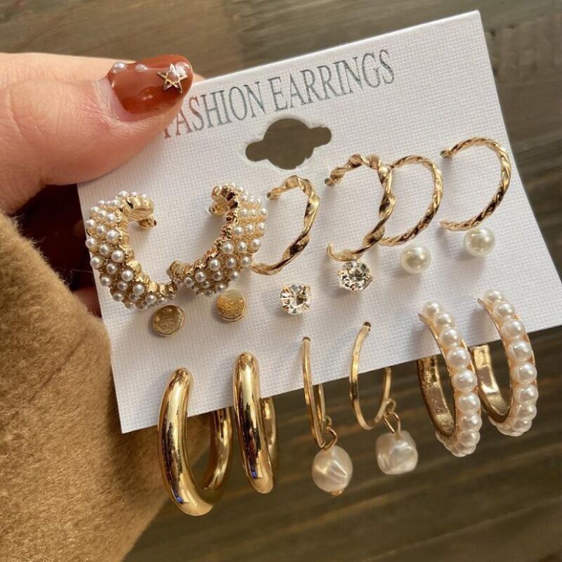 Picture of Whimsical Indispensable -Quality And Durablity -9 Pairs Big Hoop Pearl Earring Set Earrings for Women Ear ring Ladies- Innovative Gold 36 MM