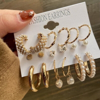 Picture of Whimsical Indispensable -Quality And Durablity -9 Pairs Big Hoop Pearl Earring Set Earrings for Women Ear ring Ladies- Innovative Gold 36 MM