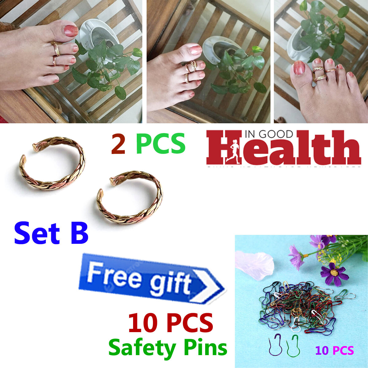 Picture of 2 PCS Adjustable Leg Finger Ring Stylish Beauty Addition All Seasons Fashion Women Jewelry Highly Sustainable Multicolored for Female Girls Combo (10 PCS Safety Pins Free Gift)