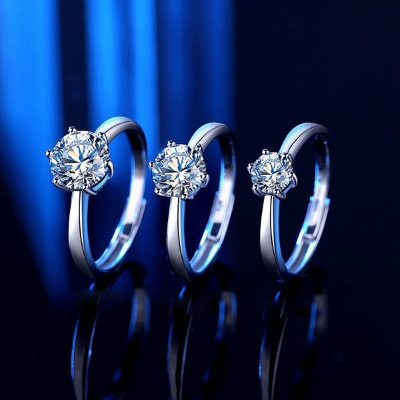 Picture of 2 PCS American Diamond Finger Ring Factory Direct Supply Set A - Adjustable 6 Claws Snowflakes Angti Mossonite Zircon 1 Carat Stone Birthday Wedding Engagement Bridal Party Hot Selling Jewelry Gift Item for Women Silver Color Combo - White 