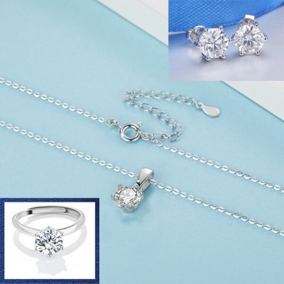 Picture of Adjustable Finger Ring Earrings & Chain With Six-Claws Locket Necklace Set A1 Versatile Personality Retro Pendant Hot Selling Jewelry Birthday Wedding Engagement Bridal Party Ideal Gift for Women Silver Color
