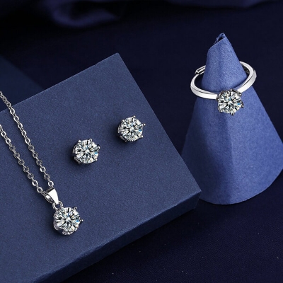 Picture of Adjustable Finger Ring Earrings & Chain With Six-Claws Locket Necklace Set A1 Versatile Personality Retro Pendant Hot Selling Jewelry Birthday Wedding Engagement Bridal Party Ideal Gift for Women Silver Color