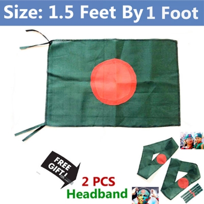 Picture of 1.5ft x 1ft Bangladesh National Flag Factory Direct Supply Set C China Fabric Potaka Show Patriotism ideal for Any Occasion Celebrate Victory or Independence Day Stationery Craft Green Red Color-Sticky Note Brand Class Combo (2 PCS Headband Free Gift)