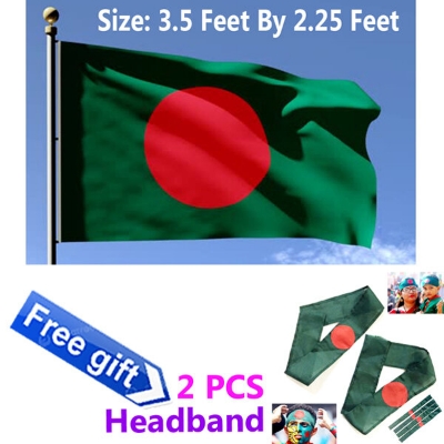 Picture of 3.5ft x 2.25ft Bangladesh National Flag Factory Direct Supply Set C China Fabric Potaka Show Patriotism ideal for Any Occasion Celebrate Victory or Independence Day Stationery Craft Green Red Color-Sticky Note Brand Class Combo (2 PCS Headband Free Gift)