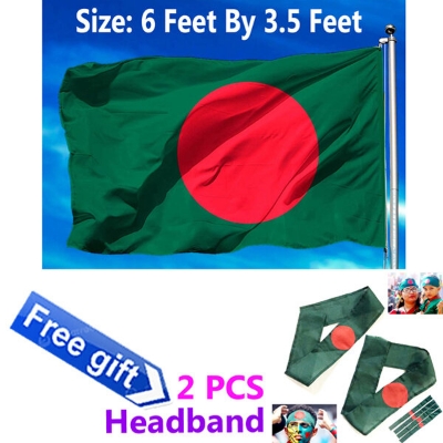 Picture of 6ft x 3.5ft Bangladesh National Flag Factory Direct Supply Set C China Fabric Potaka Show Patriotism ideal for Any Occasion Celebrate Victory or Independence Day Stationery Craft Green Red Color-Sticky Note Brand Class Combo (2 PCS Headband Free Gift)