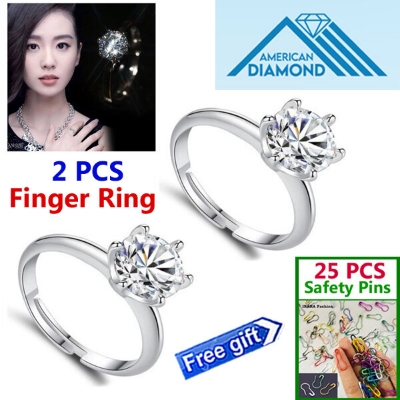 Picture of 2 PCS American Diamond Finger Ring Factory Direct Supply Set A - Adjustable 6 Claws Snowflakes Angti Mossonite Zircon 1 Carat Stone Birthday Wedding Engagement Bridal Party Jewelry Item for Female White Color Combo (25 PCS Safety Pins Free Gift)