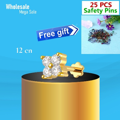 Picture of 4k Gold Water Drop Diamond Cut Four Stone Nose Pin -12cn Wedding Engagement Bridal Jewelry Gift Item for Female Party Nakful White Color Combo (25 PCS Safety Pins Free Gift)
