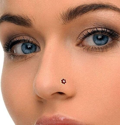 Picture of 24k Gold Water Drop Ruby & Diamond Cut 7 Stone Nose Pin -12cn Wedding Engagement Bridal Jewelry Gift Item for Female Party Nakful Red Color