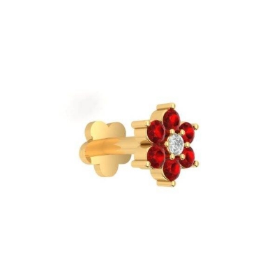 Picture of 24k Gold Water Drop Ruby & Diamond Cut 7 Stone Nose Pin -12cn Wedding Engagement Bridal Jewelry Gift Item for Female Party Nakful Red Color