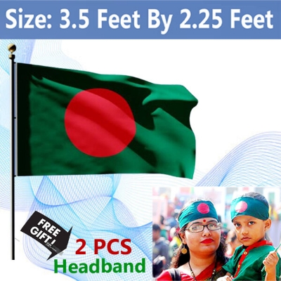 Picture of Premium (3.5 By 2.25) Feet Bangladesh National Flag Direct Factory Supply Set D China Fabric Potaka Patriotism Any Occasion Celebrate Victory Independence Day Stationery Craft Green Red Color-Sticky Note Brand Combo [Free Gift 2 PCS Headband]