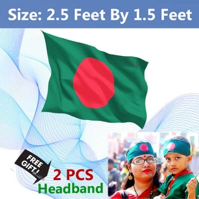 Picture of Premium (2.5 By 1.5) Feet Bangladesh National Flag Direct Factory Supply Set D China Fabric Potaka Patriotism Any Occasion Celebrate Victory Independence Day Stationery Craft Green Red Color-Sticky Note Brand Combo [Free Gift 2 PCS Headband]