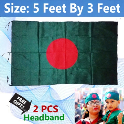 Picture of Premium (5 By 3) Feet Bangladesh National Flag Direct Factory Supply Set D China Fabric Potaka Patriotism Any Occasion Celebrate Victory Independence Day Stationery Craft Green Red Color-Sticky Note Brand Combo [Free Gift 2 PCS Headband]