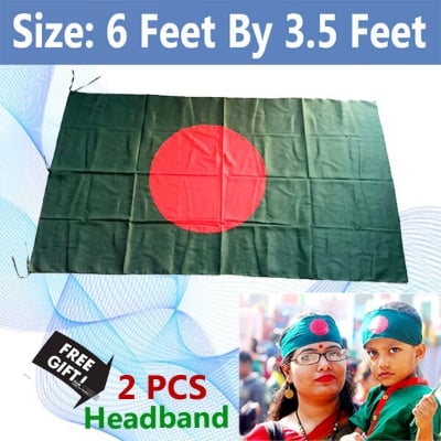 Picture of Premium (6 By 3.5) Feet Bangladesh National Flag Direct Factory Supply Set D China Fabric Potaka Patriotism Any Occasion Celebrate Victory Independence Day Stationery Craft Green Red Color-Sticky Note Brand Combo [Free Gift 2 PCS Headband]