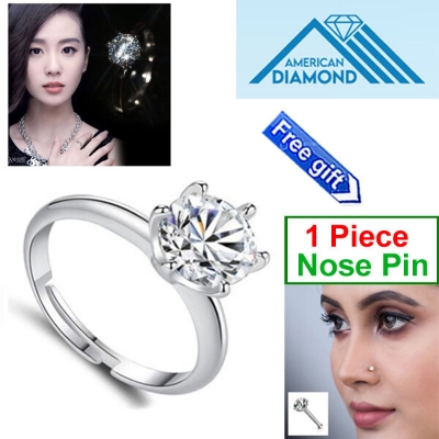 Picture of American Diamond Finger Ring Factory Direct Supply Set A - Adjustable 6 Claws Snowflakes Angti Mossonite Zircon 1 Carat Stone Birthday Wedding Engagement Bridal Party Jewelry Item for Female White Color Combo (1 Piece Nose Pin Free Gift)
