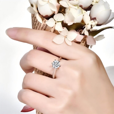 Picture of American Diamond Finger Ring Factory Direct Supply Set A - Adjustable 6 Claws Snowflakes Angti Mossonite Zircon 1 Carat Stone Birthday Wedding Engagement Bridal Party Jewelry Item for Female White Color Combo (1 Piece Nose Pin Free Gift)