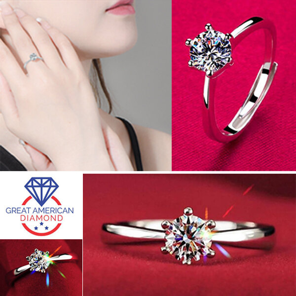 Picture of American Diamond Finger Ring Factory Direct Supply Set A - Adjustable 6 Claws Snowflakes Angti Mossonite Zircon 1 Carat Stone Birthday Wedding Engagement Bridal Party Jewelry Item for Female White Color Combo (1 Piece Nose Pin Free Gift)