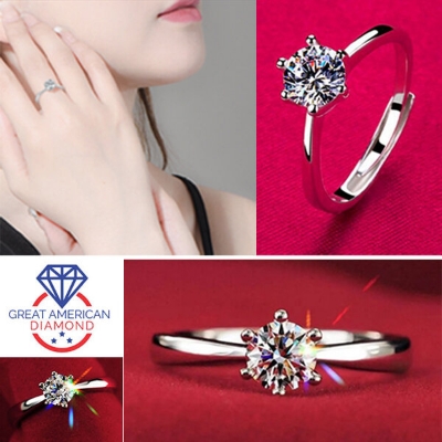 Picture of American Diamond Finger Ring Factory Direct Supply Set A - Adjustable 6 Claws Snowflakes Angti Mossonite Zircon 1 Carat Stone Birthday Wedding Engagement Bridal Party Jewelry Item for Female White Color Combo (1 Piece Nose Pin Free Gift)