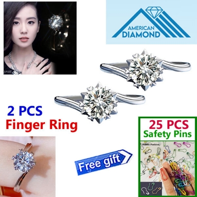 Picture of 2 PCS American Diamond Finger Ring Factory Direct Supply Set B - Adjustable 6 Claws Snowflakes Angti Mossonite Zircon 1 Carat Stone Birthday Wedding Engagement Bridal Party Jewelry Item for Female White Color Combo (25 PCS Safety Pins Free Gift)