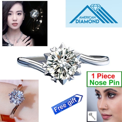 Picture of American Diamond Finger Ring Set B - Adjustable 6 Claws Snowflakes Angti Mossonite Zircon Stone Birthday Wedding Engagement Bridal Party Jewelry for Women Silver Color Combo (1 Piece Nose Pin Free Gift)