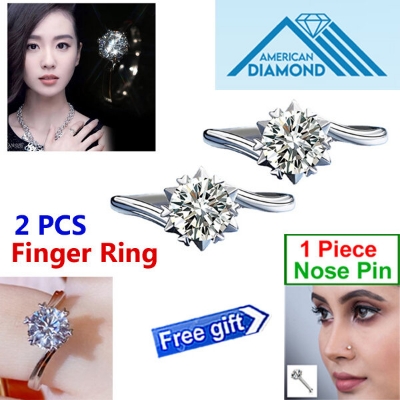 Picture of 2 PCS American Diamond Finger Ring Factory Direct Supply Set B - Adjustable 6 Claws Snowflakes Angti Mossonite Zircon 1 Carat Stone Birthday Wedding Engagement Bridal Party Jewelry Item for Female White Color Combo (1 Piece Nose Pin Free Gift)