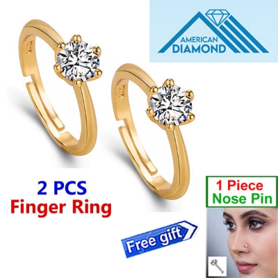 Picture of 2 PCS American Diamond 24k Gold Water Drop Finger Ring Factory Direct Supply Set C - Adjustable Snowflake Angti Mossonite Zircon 1 Carat Stone Birthday Wedding Engagement Bridal Party Jewelry for Female Colored Combo (1 Piece Nose Pin Free Gift)