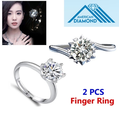 Picture of 2 Pieces American Diamond Finger Ring Set D Adjustable 6 Claws Snowflakes Angti Birthday Wedding Engagement Bridal Party Jewelry Gift for Women Silver Color Combo