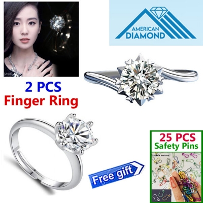 Picture of 2 PCS American Diamond Finger Ring Factory Direct Supply Set D - Adjustable 6 Claws Snowflakes Angti Mossonite Zircon 1 Carat Stone Birthday Wedding Engagement Bridal Party Jewelry Item for Female White Color Combo (25 PCS Safety Pins Free Gift)