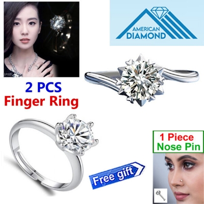 Picture of 2 PCS American Diamond Finger Ring Set D - Adjustable 6 Claws Snowflakes Angti Mossonite Birthday Wedding Engagement Bridal Party Jewelry Gift for Women Silver Color + Free 1 Piece Nose Pin
