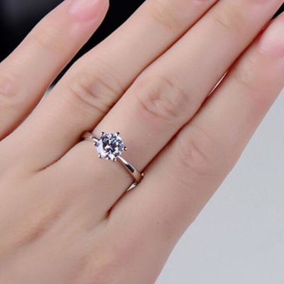 Picture of 2 PCS American Diamond Finger Ring Set D - Adjustable 6 Claws Snowflakes Angti Mossonite Birthday Wedding Engagement Bridal Party Jewelry Gift for Women Silver Color + Free 1 Piece Nose Pin