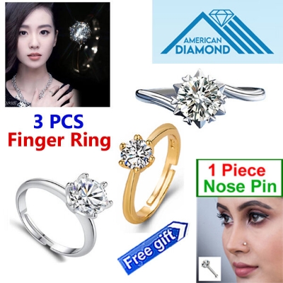 Picture of 3 PCS American Diamond 24k Gold Water Drop Finger Ring Factory Direct Supply Set E-Adjustable Snowflake Angti Mossonite Zircon 1 Carat Stone Birthday Wedding Engagement Bridal Party Jewelry for Female White Color Combo (1 Piece Nose Pin Free Gift)